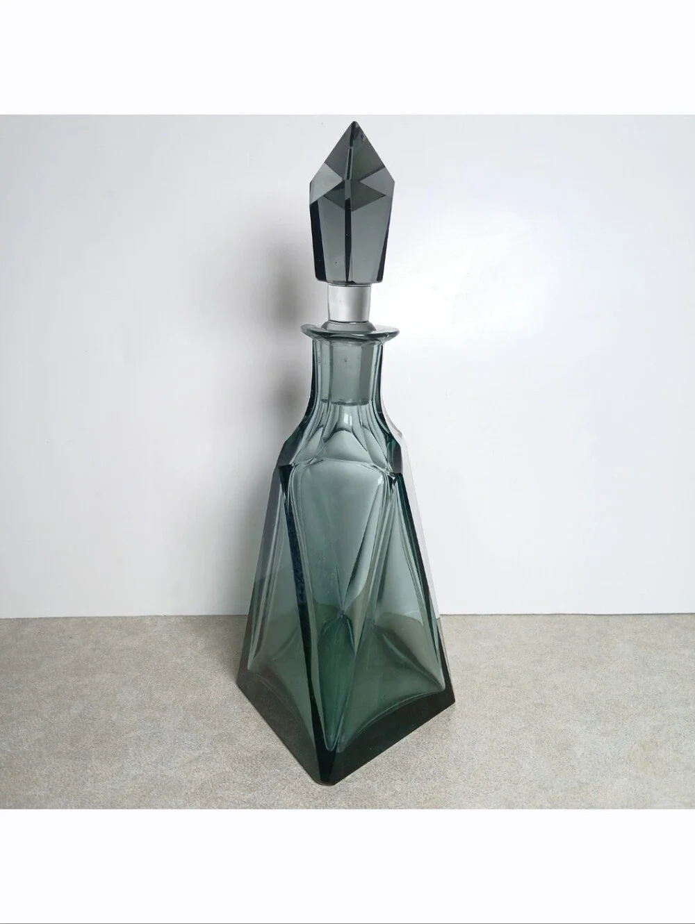 Antique Art Deco Bohemian Smokey Green Glass Geometric Decanter Bottle Cup Set